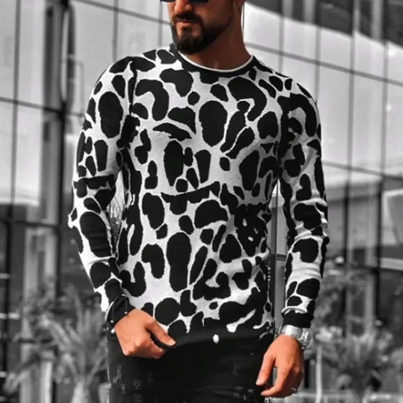 

Модные облегающие футболки с леопардовым принтом для мужчин, весна 2023, Повседневные пуловеры с длинным рукавом и круглым вырезом для мужчин, одежда для отдыха, футболки