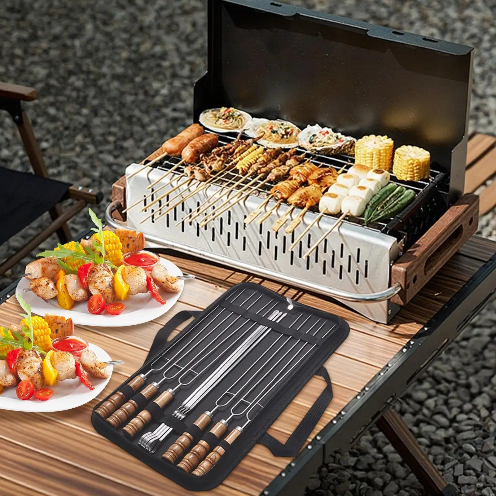 BBQ Skewers 10 Pieces Stainless Steel BBQ Kebab Skewer Rust-Proof Reusable Grill Tools With Wooden Handles Long Barbecue
