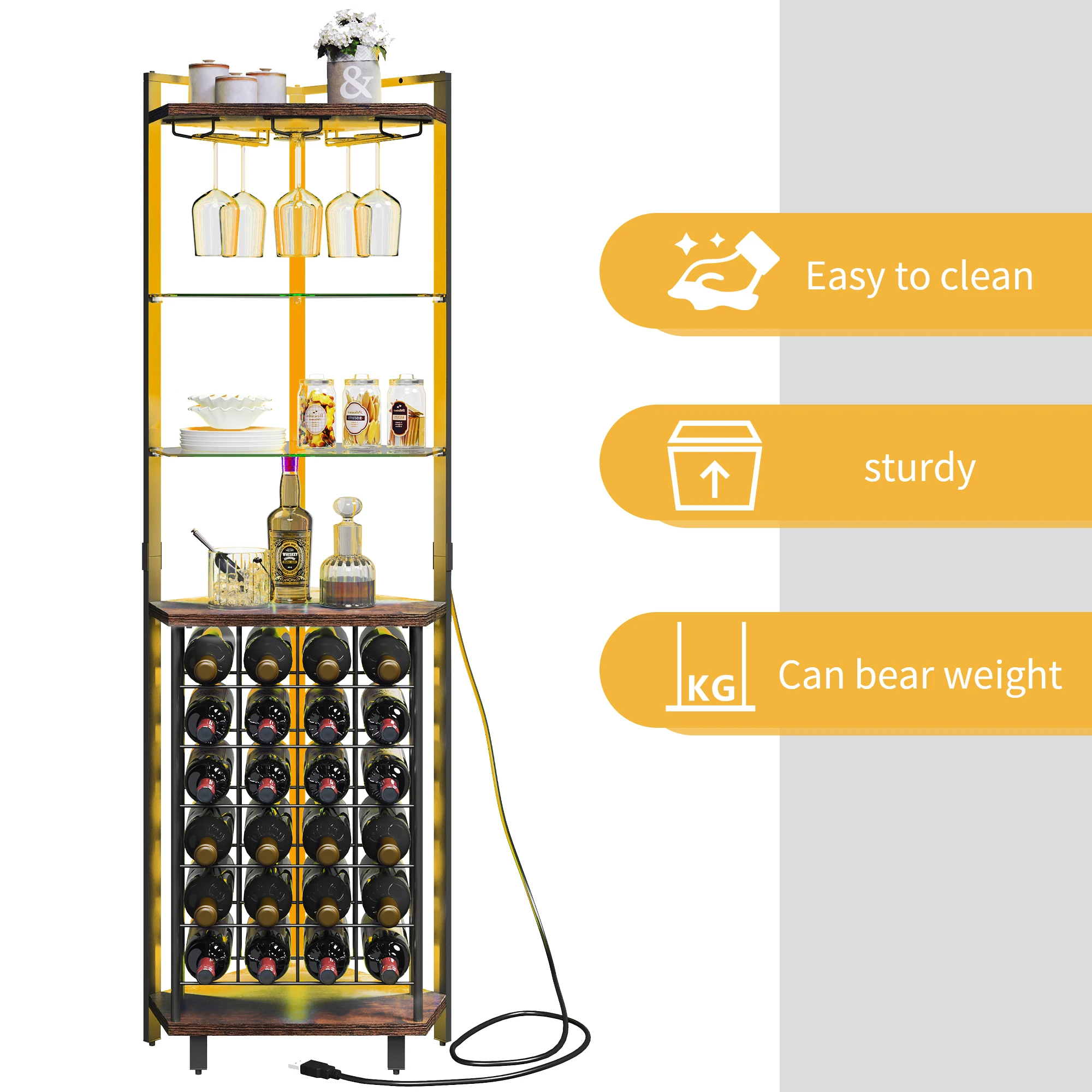4-Tier Corner LED Wine Rack with Glass Holder & Shelves Industrial Bar Cabinet