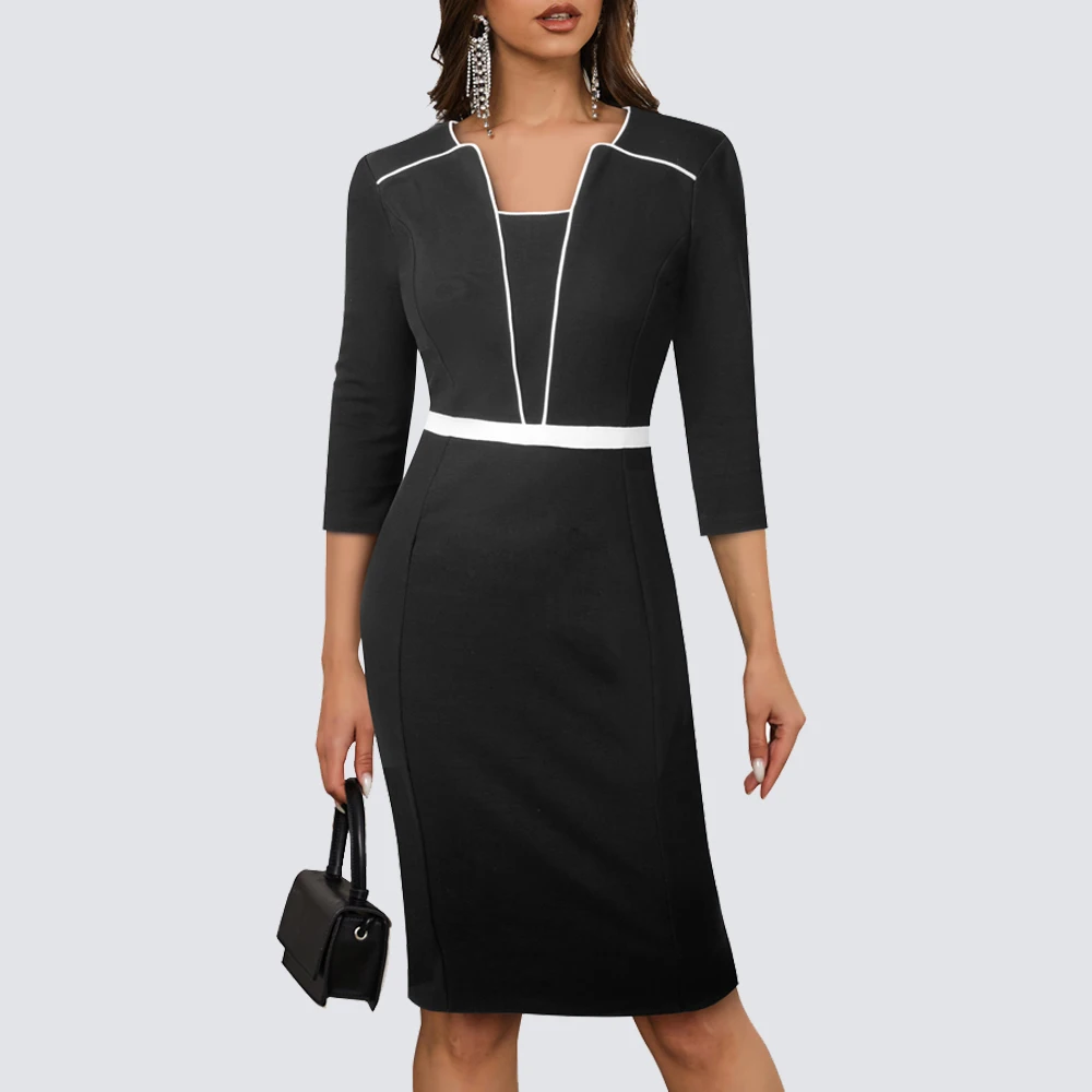 Abito Elegante Da Donna Elegante Con Scollo A V Color Block Elegante Tubino Da Lavoro Hb743