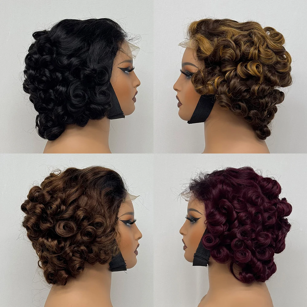 4X4 Lace Closure Wig Short Bouncy Texture Pixie Hair Real Human Hair Wig 200% Density Loose Wave Hair Wig for Black