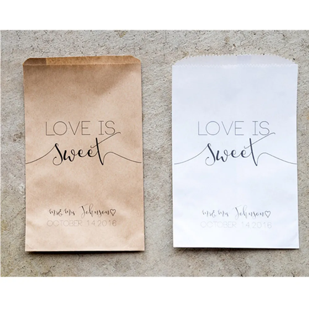 

50pcs Love Is Sweet Personalized Wedding Favor Bags - Candy Buffet Bags, Rehearsal Dinner, Engagement Party, Bridal Shower Favor