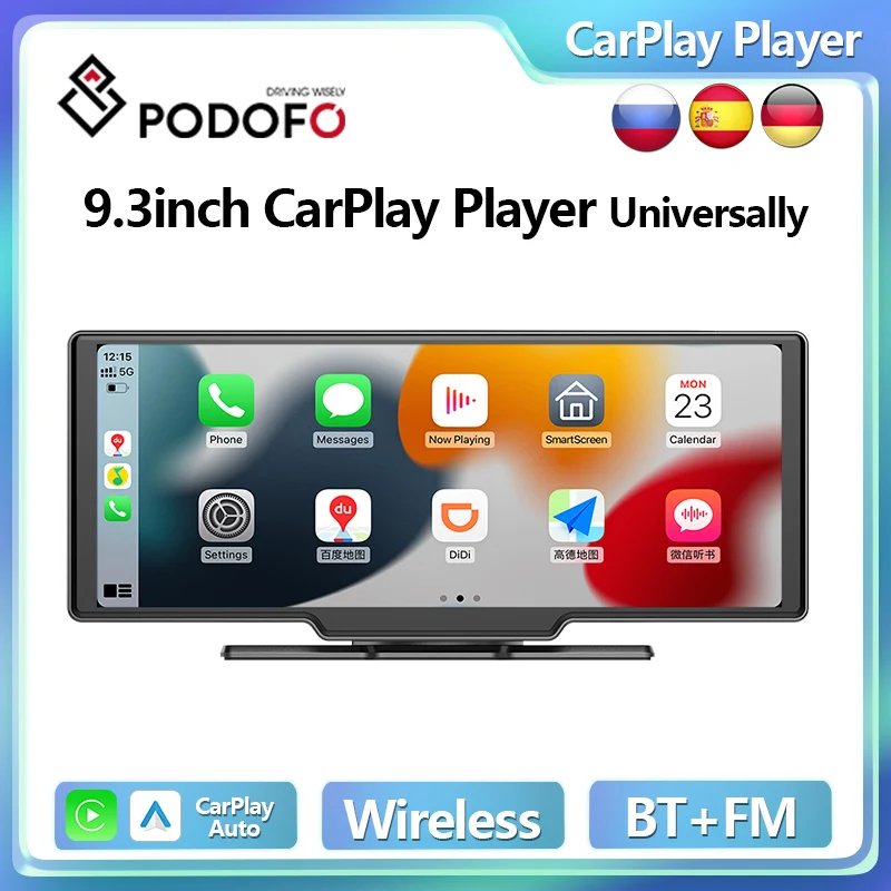 Podofo Wireless Carplay Player Android Auto Car Radio 9.3 "Lettore Multimediale Navigazione Dash Cam Dvr Unità Principale Stereo In Dash