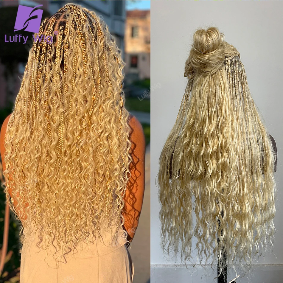 Human Hair Curly 613 Blonde Color Braided Wig HD Full Lace Knotless Boho Braids Wigs Pre Plucked With Baby Hair Water Wave Luffy