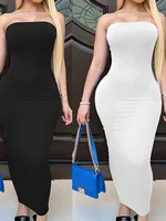 Spring Summer Women's Dress Solid Color Sexy Sleeveless Chest Wrapped Long Beach Dress - Image 2