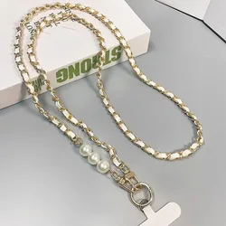 Elegant Pearl Leather Chain Crossbody Phone Strap with Metal Pendant (WHITE)