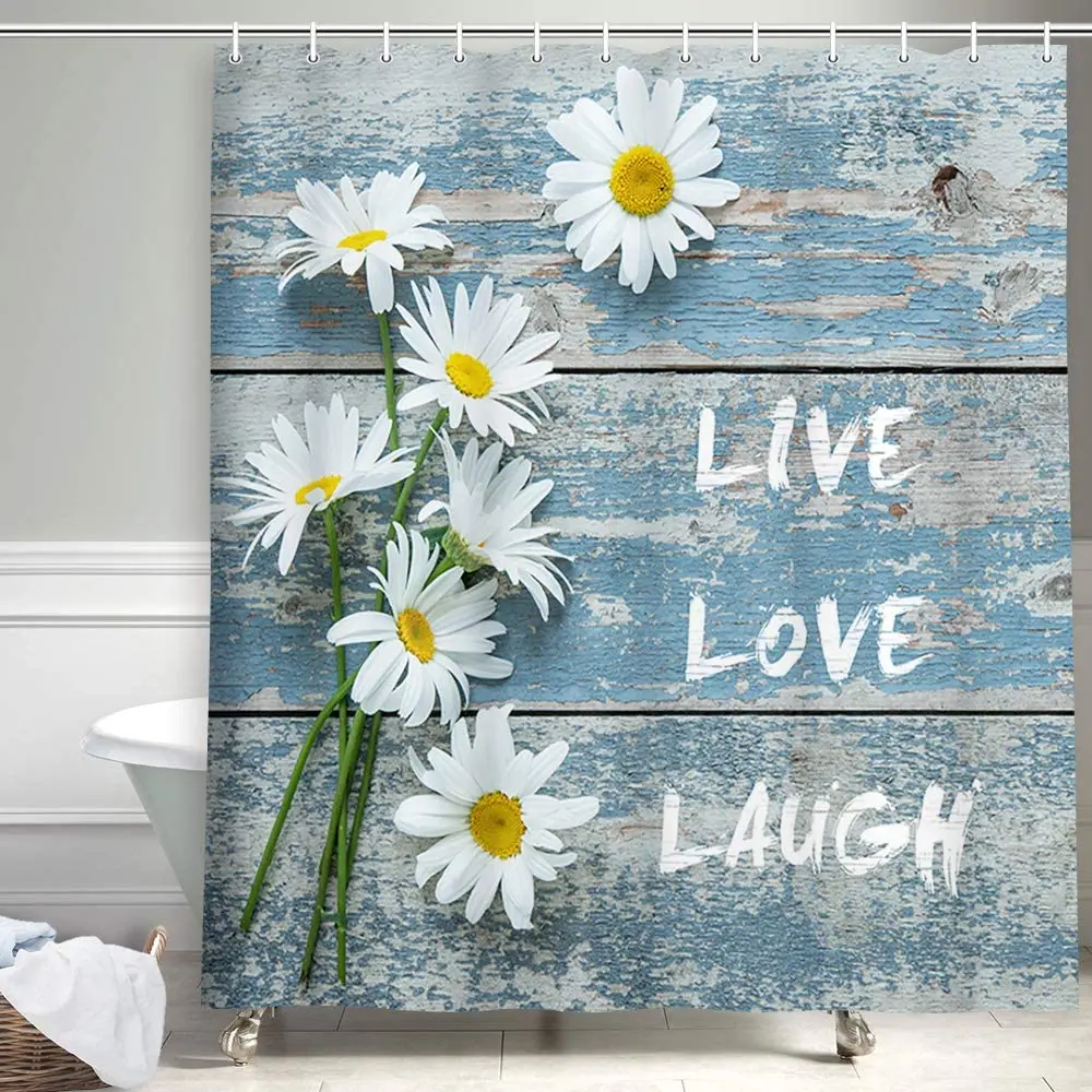 Vintage Farm Daisy Flowers Shower Curtain White Daisy Flowers on Rustic Blue Wooden Barn Plank Waterproof Fabric Bath Curtains