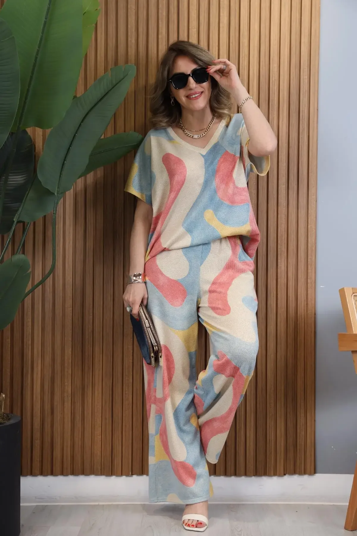 بانت مجموعات البلوز طباعة الخامس الرقبة القمم المر...