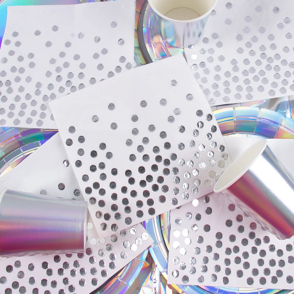 Iridescent Party Tableware Set - Elegant Disposable Plates, Cups, Napkins, and Tablecloth for Celebrations and Events