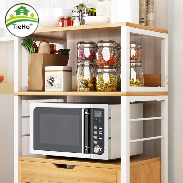 Solid Wood Kitchen Microwave Oven Rack Floor Rolling Multi-layer Wooden  Shelf With Drawer Cart Locker Cabinet Home Furniture