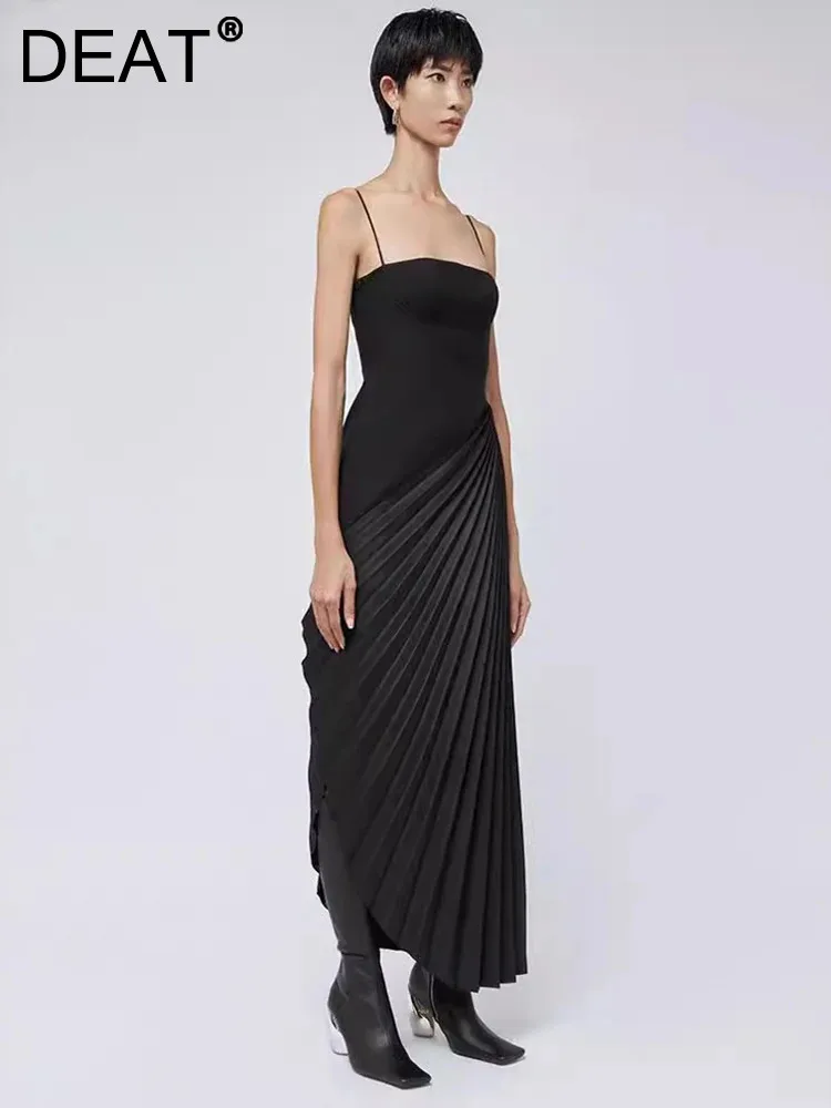 

DEAT Elegant Dress Slip Asymmetrical Pleated Patchwork Slim Waist Women's Evening Party Dresses 2024 Summer New Fashion 35Z511