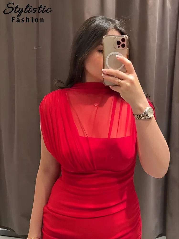 مثير الأحمر مطوي شبكة فستان طويل أحمر انظر من خلال...