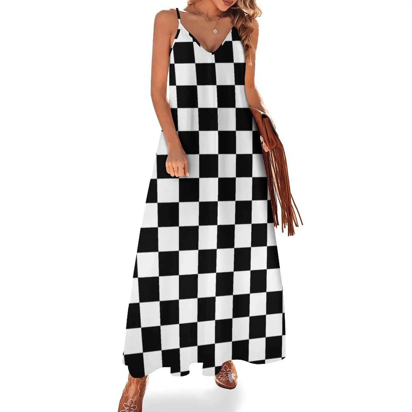 

Small Black White Check Motorsport Race Flag Checkered Skirt Pillow Sleeveless Dress dresses for womens party dresses women