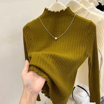 الخريف الشتاء نصف عالية الياقة الكشكشة سترة المرأة طويلة الأكمام محبوك بسيط قاعدة طبقة البلوفرات المرأة الصلبة سترة غير رسمية 4