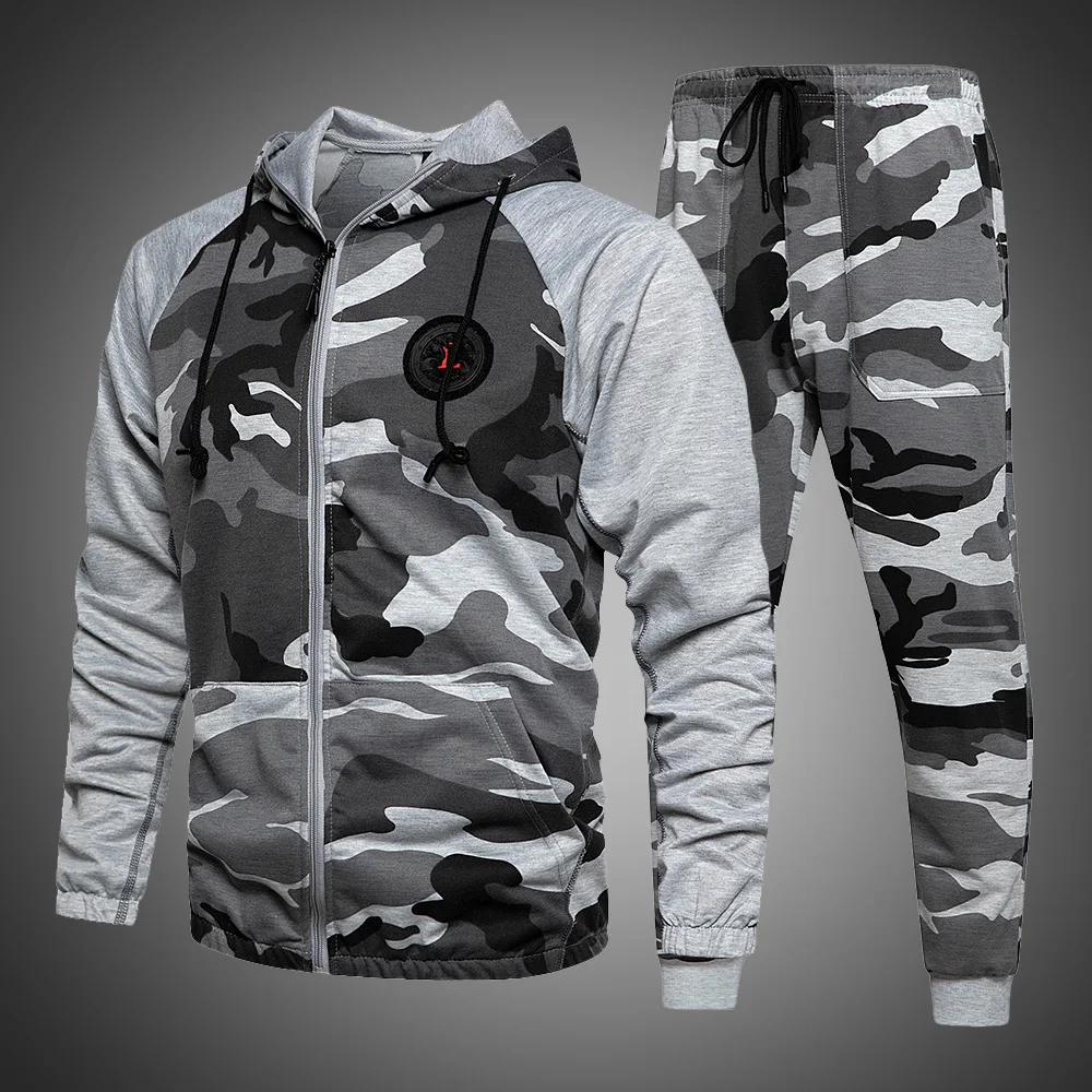 

Mens Tracksuits 2023 Grey Camoflage Hoodies And Pants Men Running Suit Camo Sweatsuits 2 Piece Set Autumn Winter Outfits Men