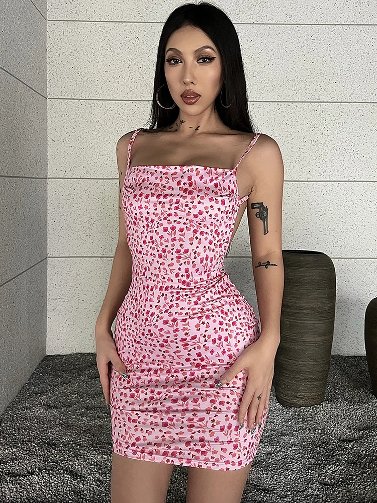 

Women Elegant Floral Print Sleeveless Slips Backless Mini Prom Dress 2023 Summer Sexy Vacation Rave Party Y2K Clothes