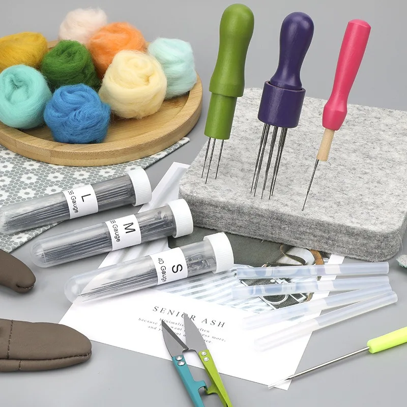 3 Styles Wool Felting Needles Tools Kit Wooden Handle Needles Finger Cot Felting Supplies Set for Beginners