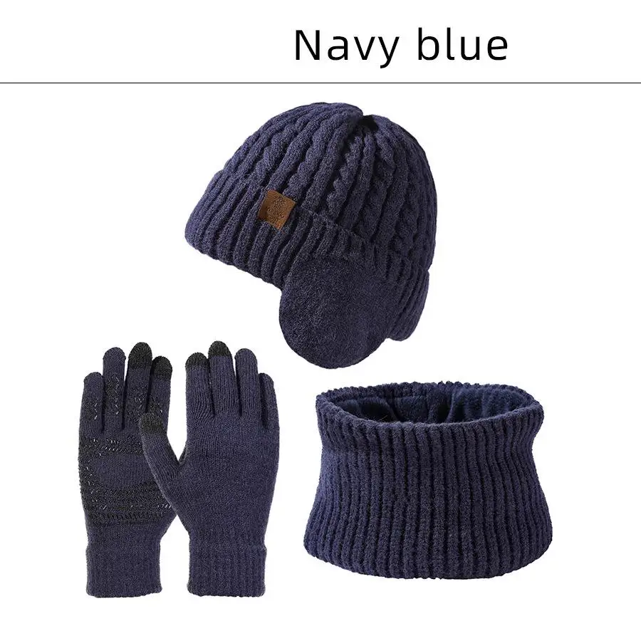 Men\'s Hat and scarf Gloves Set three Pieces for Men Winter Knitted Beanie Hats Thick Warm Hat scarf Glove Set Outdoor Windproof