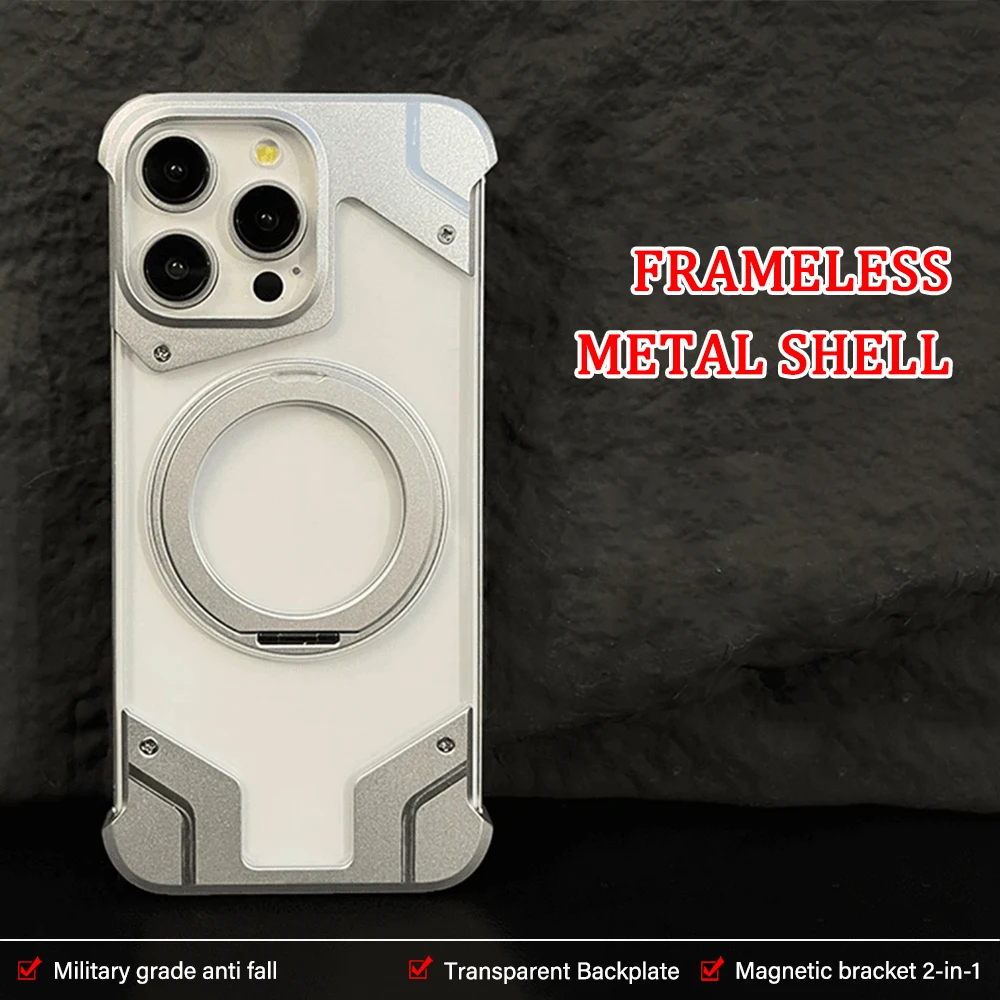 

Роскошный чехол для телефона из алюминиевого сплава без рамы для iPhone 14 13 15 Pro Max, прозрачный акриловый ударопрочный чехол с магнитным кольцом-подставкой