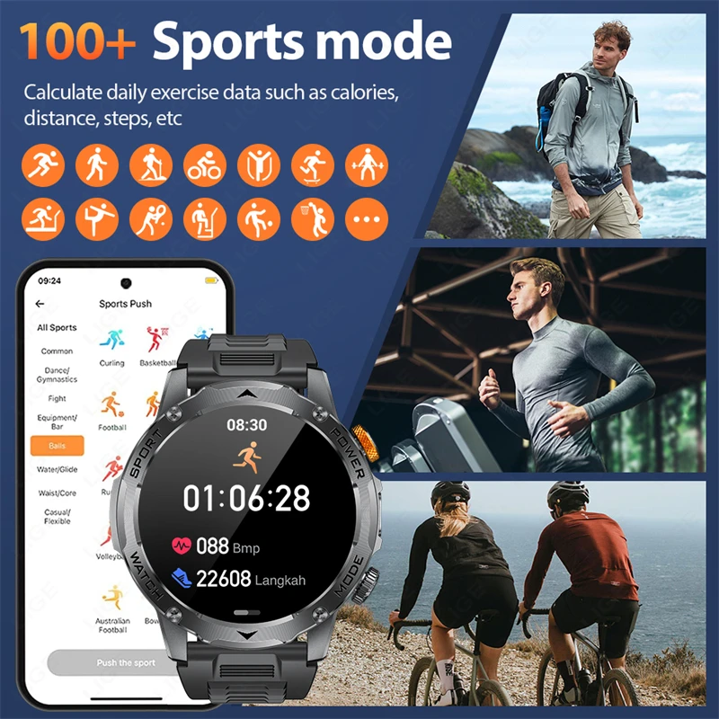 LIGE 1000mAh Super Capacity Battery Adult Men Smart Watch 1.7-inch Large Screen Bluetooth Call IP68 Waterproof SmartWatch Sports 6