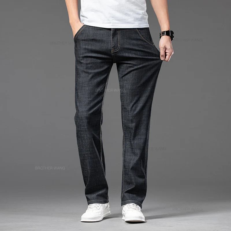 Summer Thin Men's Stretch Straight Jeans Classic Black Blue Business Casual Loose Large Size Denim Pants Brand Trousers 42 44 46 4