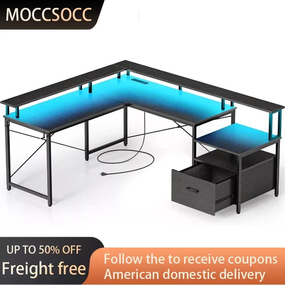 

Computer Desk With File Drawer Gamer Chair 68" L Shaped Computer Corner Desk With Power Outlet & LED Strip Office Furniture Mesa