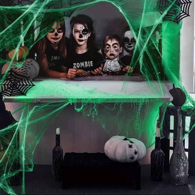 Glow-in-The-Dark Spider Webs and Fake Spiders – White Stretch Cobwebs for Spooky Halloween Indoor and Outdoor Horror Decoration Prop - Image 4