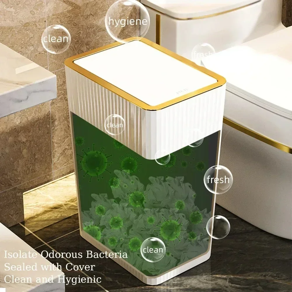 Nordic Gold Bathroom Trash Can Covered Slim Trash Can with One-Touch Lid for Bathroom Toilet Living Room Kitchen Bedroom 15L