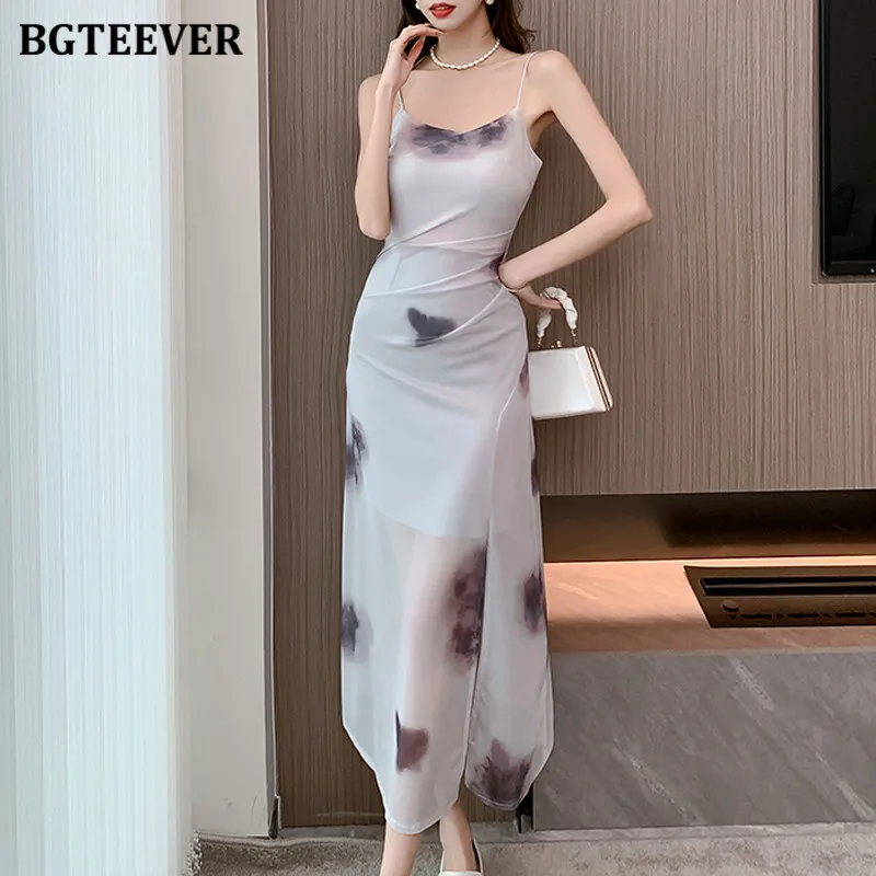 

BGTEEVER Stylish Chic Ladies Spaghetti Strap Printed Dress Elegant Summer Slim Waist Female Split Sleeveless Package Hip Dress