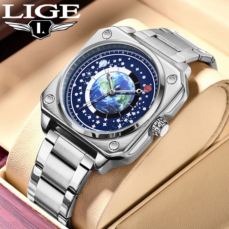 LIGE Top Brand Luxury Fashion Watch Blue Planet Steel Band Men's Watch Waterproof Luminous Creative Design Man Quartz Wristwatch