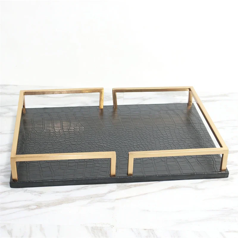 

Metal Leather Tray Jewelry Display Plate Handle Black Retangle Gold Jewelry Dish Decoration Shelf Decoration Storage Supplies