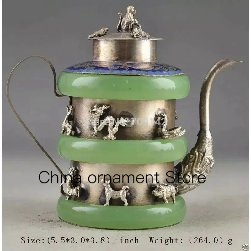 

Decoration Ancient Handmade Jade Inlay silver 12 Zodiac TeaPot monkey lid Tea pot Handwork Statue Tibet Miao Antique Old Silver