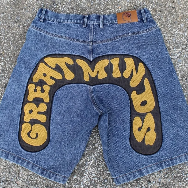 Geometric letter print oversized high waist denim shorts men y2k clothing 2000s American vintage casual couple basketball shorts