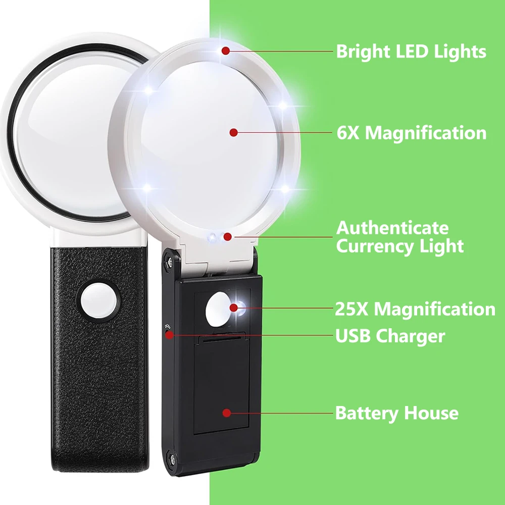 6X/25X 돋보기, 3개의 LED 조명, 데스크탑 접이식 확대경, 보석 및 동전 감정용 스탠드 포함