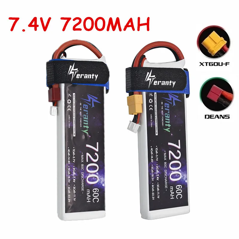 

2PCS LIPO Battery 7.4V 7200MAH 2S 60C With T Tamiya/KEP-2P XT90 Plug For RC Helicopter Car Boat Drone Spare Parts 2S Battery