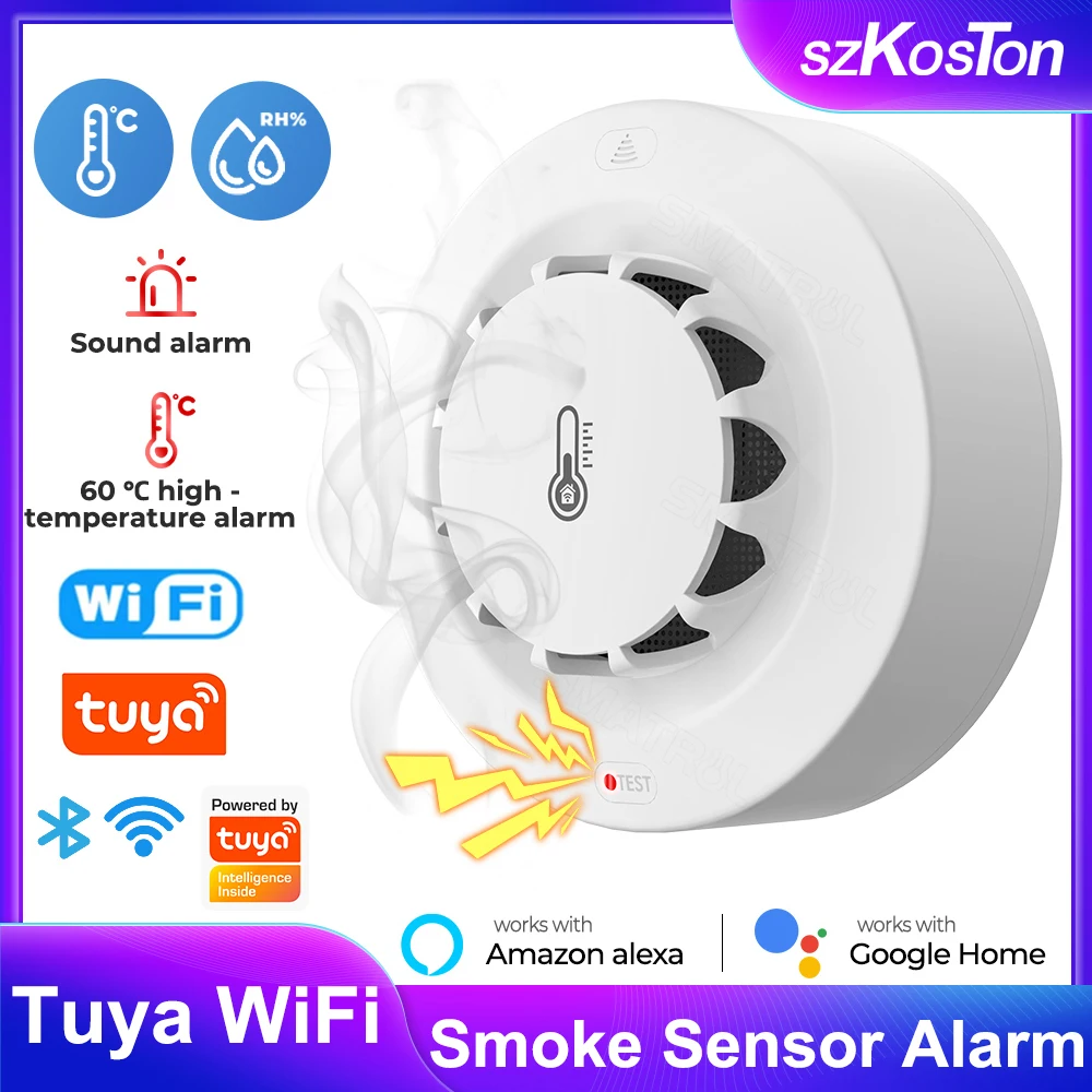 Tuya Smart Home Wifi Sensore Di Fumo Allarme Rilevatore Di Temperatura E Umidità Antincendio Pompiere Funziona Con Alexa Google Home Security