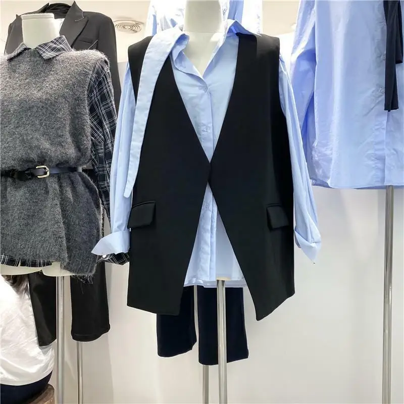 2024 Autumn Wear Korean Fashion Collar Suit Vest Coat Irregular Back Split Sleeveless Kam Shoulder Vest for Women