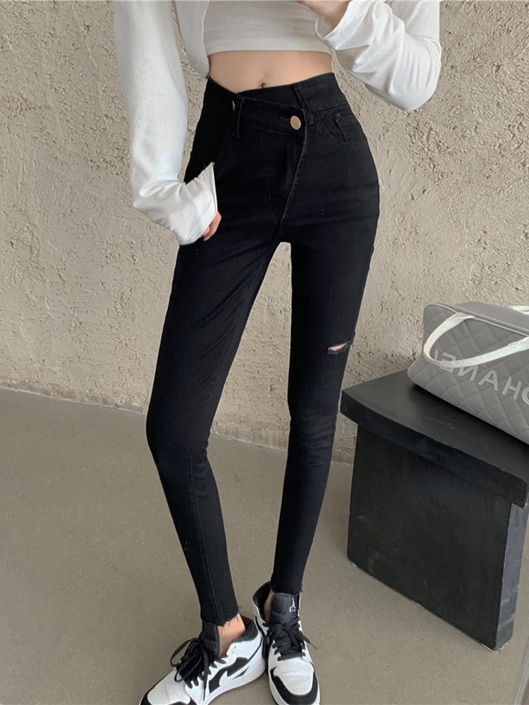 High Stretch Pencil Pants Jeans Women Holes Ripped Fashion Irregular Slim-Fit Trousers Y2K Vintage High Waist Ankle-Length Jeans