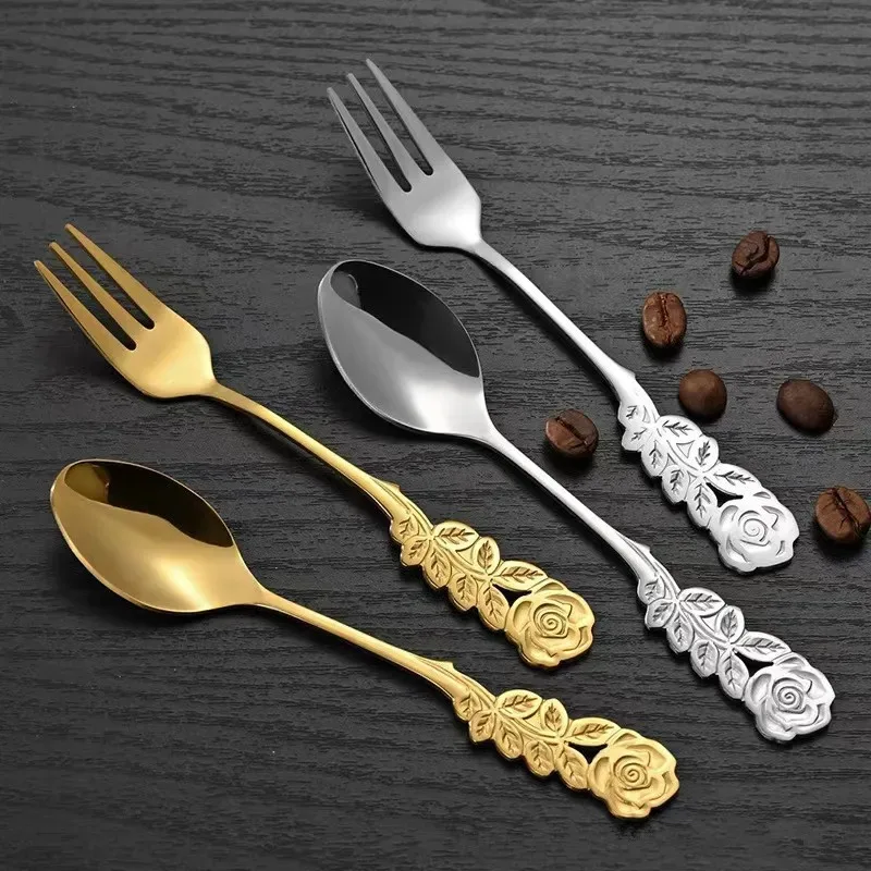 Stainless Steel Spoon Stainless Steel Fork Tea Spoon Rose Flower Head Stainless Steel Coffee Spoon Fruit Dessert Fork Mixing Sppons for Kitchen Hotel