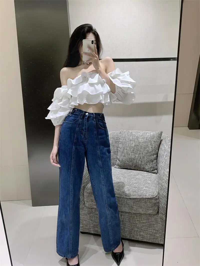 Blusa coreana con hombros descubiertos para mujer, blusa corta con volantes apilados, camisa de diseñador de verano de manga corta de gasa sexy, nueva