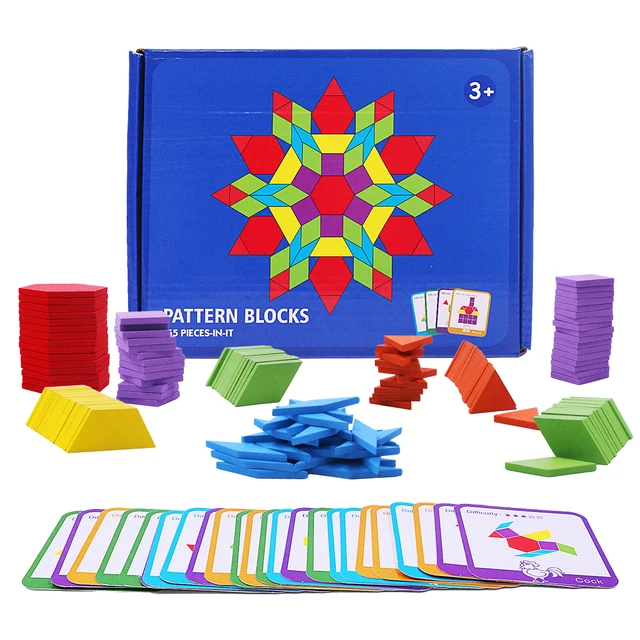 155 PCS Wooden Pattern Blocks Set, Geometric Shape Puzzle, Kindergarten Classic Educational Montessori Tangram Toys for Kids 1