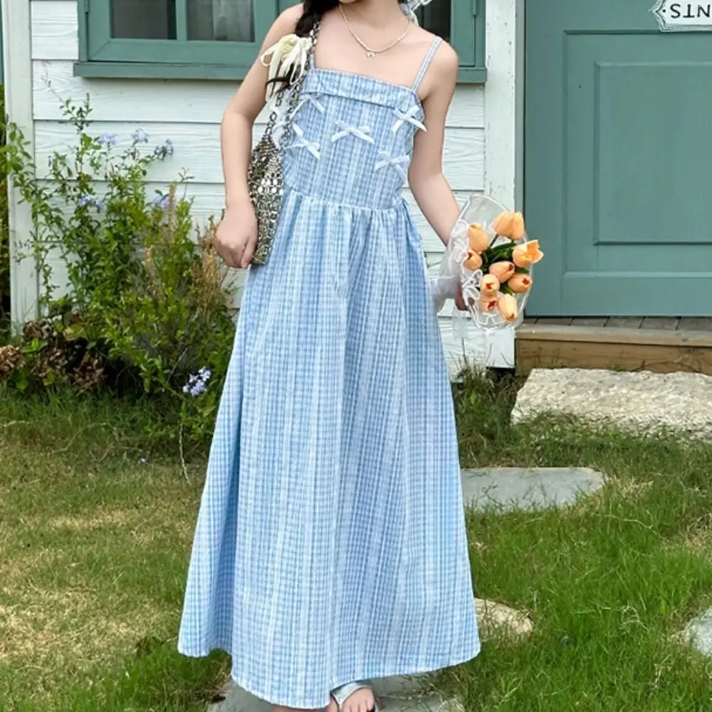 Elegant Loose Girls Princess Grid Dress Party Teenagers Summer Kids Dresses Beach Vacation Sweet Children Sling Dress Summer