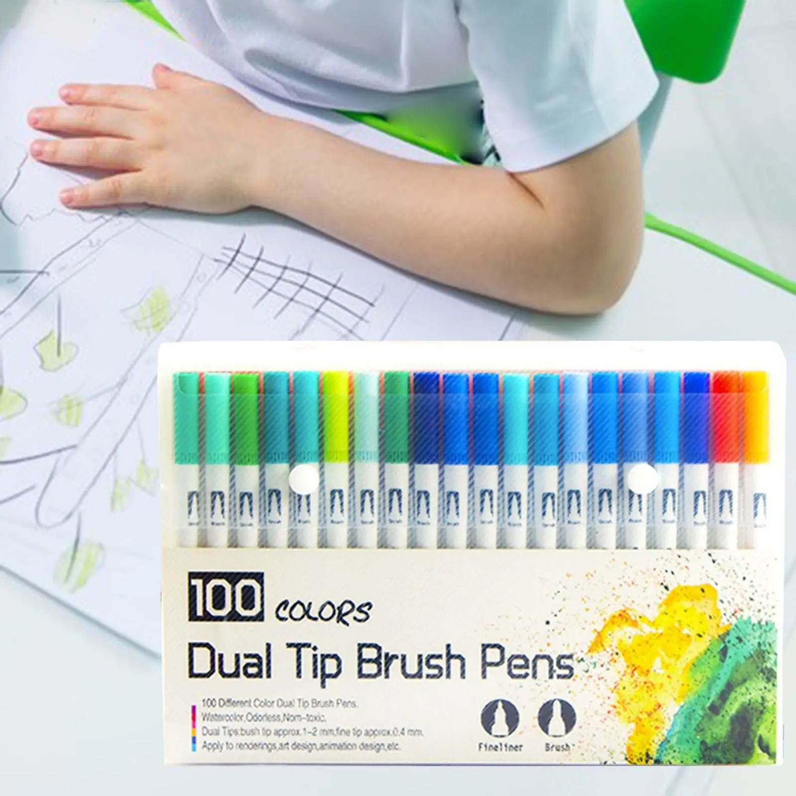 

100x Dual Tip Brush Pens, Painting Bright Colors Coloring Writing Sketching