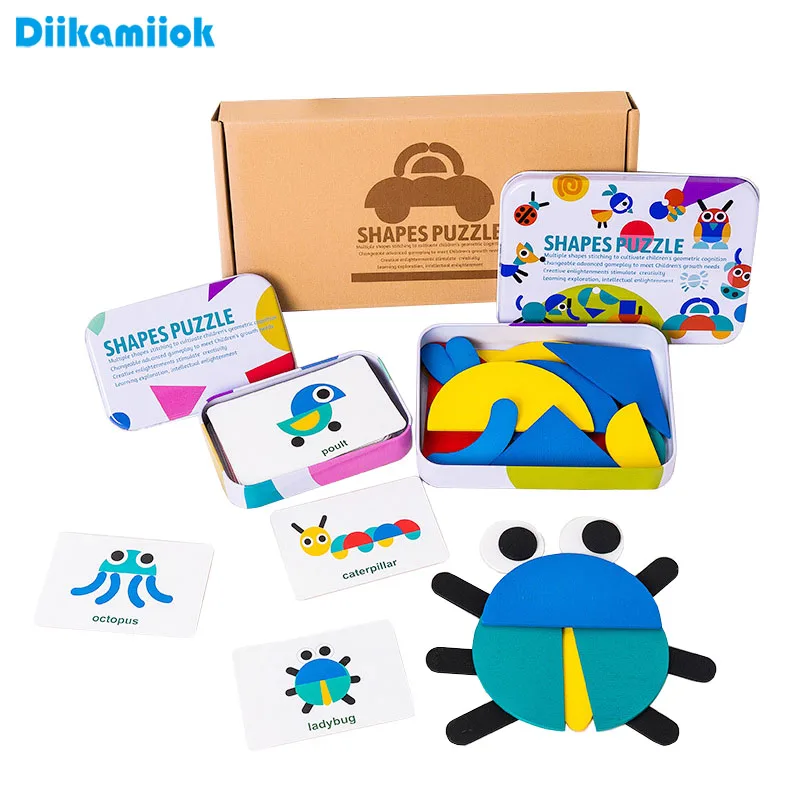 Geometric Wooden 3D Puzzle Tangram Jigsaw Montessori Educational Toy Set with Storage Box