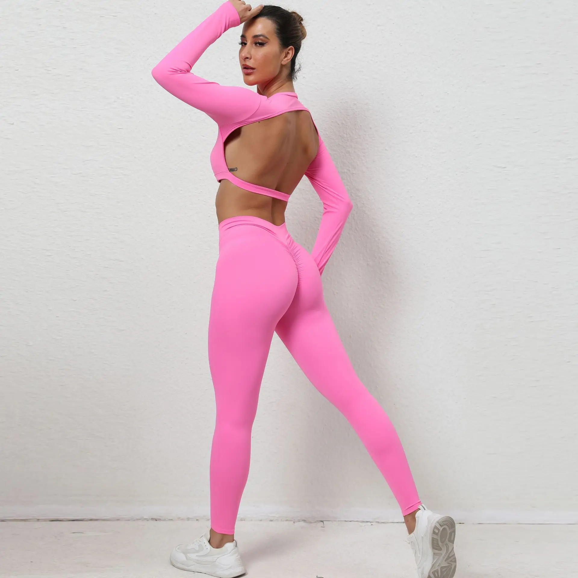 Spicy Girls Open Back Long Sleeve Top and Yoga Pants, Quick Dried Sports Set, Tight, Nude, Sexy, Fashion sports and fitness tight fitting long sleeved t shirt quick drying and super elastic set tracksuit men clothing