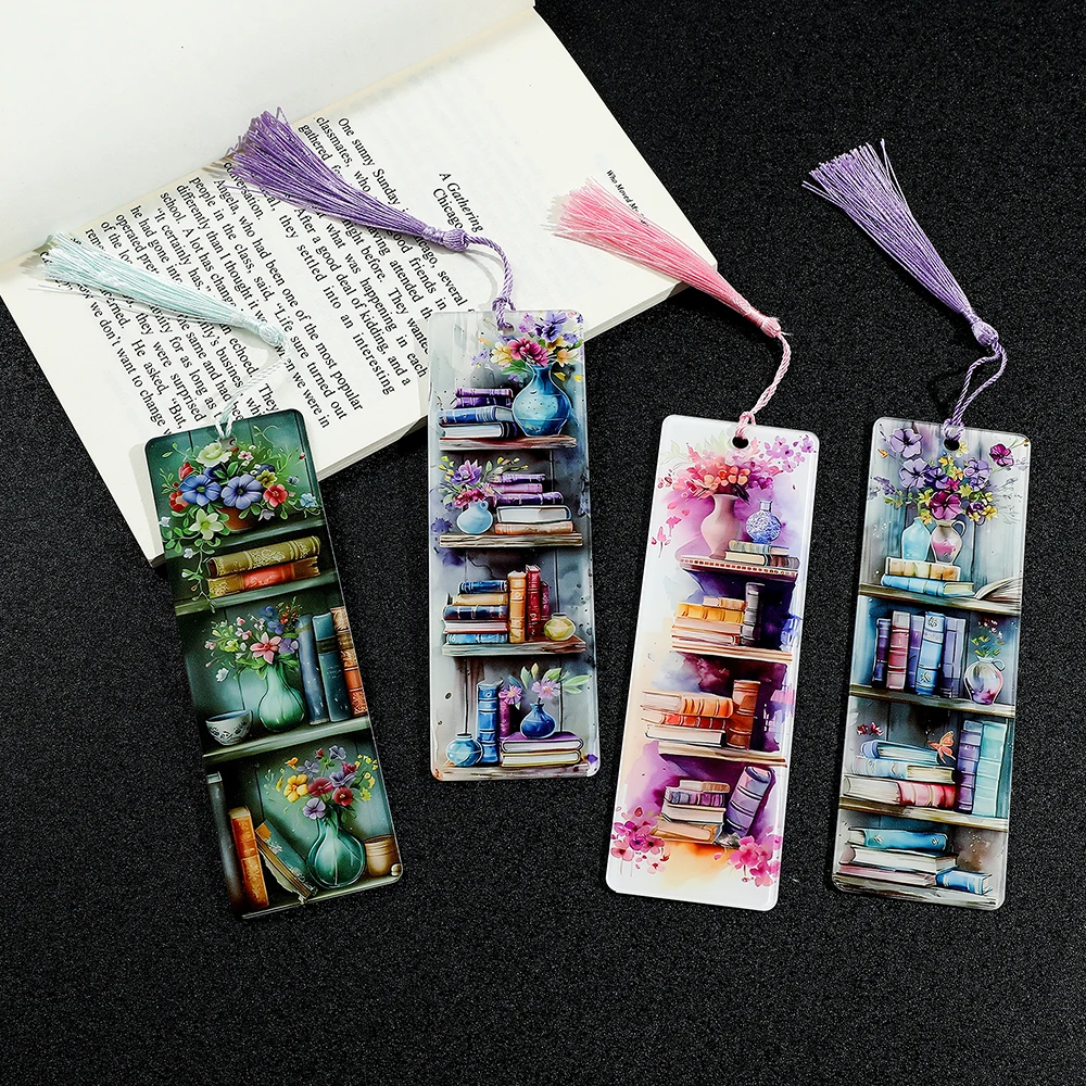1pcs Bookcase & Vase Bookmarks Art Acrylic with Tassel Reading Marker for Book Lovers Bookworms Men Women, bookmarks stationery supplies, bookmark holder, acrylic bookmark
