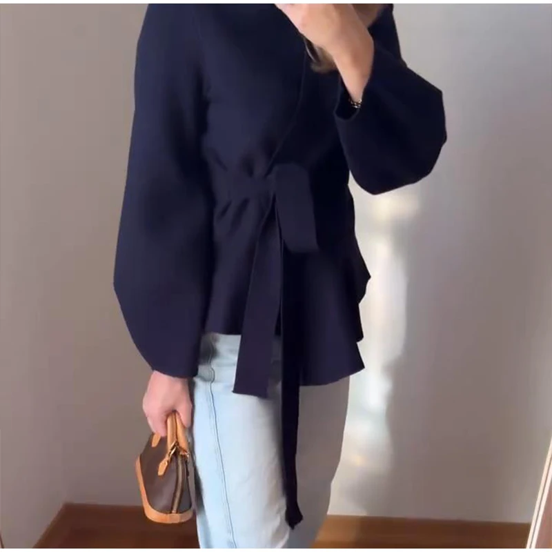 Vintage Lace Up Knit V-neck Jacket Women Solid Full Sleeve Loose Cardigan Top New 2025 Spring Elegant Lady High Street Outwear