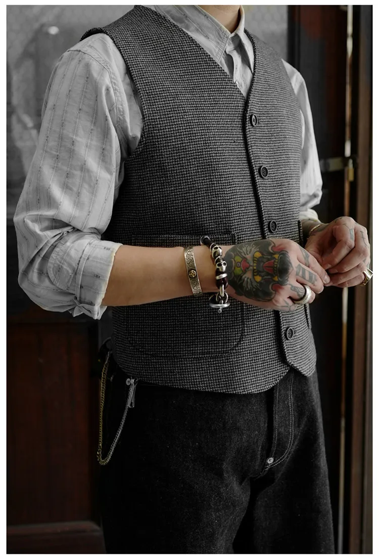 2024 Men's Vest Classic Steampunk Suit Wool Tweed Notch Lapel Waistcoat Thick Tweed Coffee Thousand Bird Grid Coat For Wedding