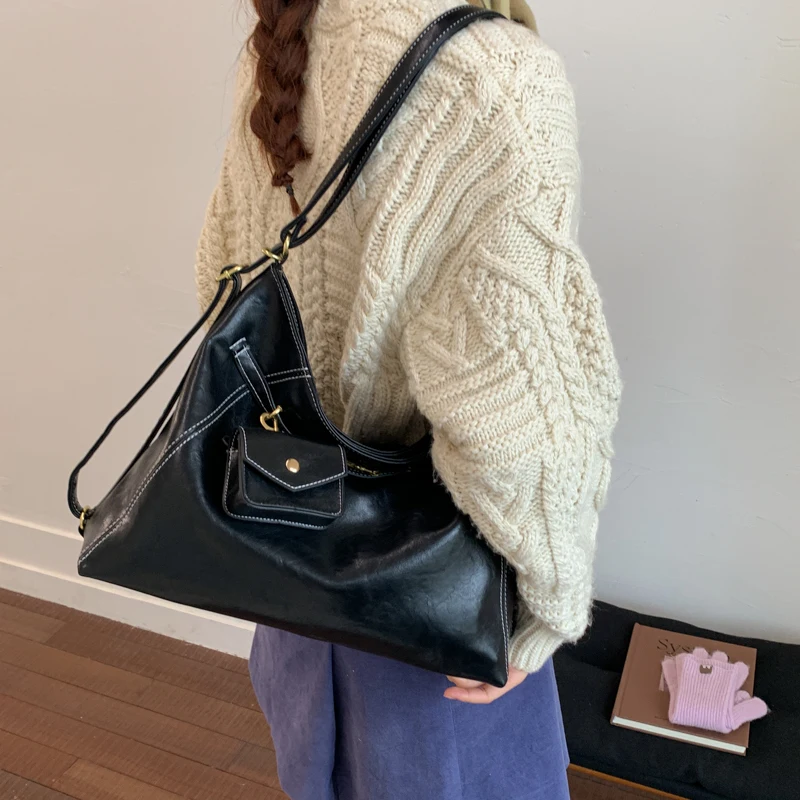 Schwarze Umhängetasche mit Münzbörse, hochwertige Umhängetasche aus weichem Leder, braune Handtasche, Designer-Eimer-Umhängetasche, Tragetaschen für den Pendelverkehr – Detail 14
