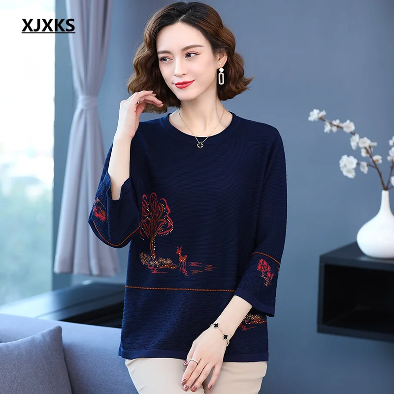 

XJXKS 2022 Spring Autumn New Fashion Diamond Three-quarter Sleeve Women Thin Sweater Loose Plus Size Comfortable Pullover